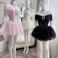 ชุดเดรส ปาดไหล่ สีชมพู สีขาว Brand เวียดนามแท้ 2179 Size S BKK