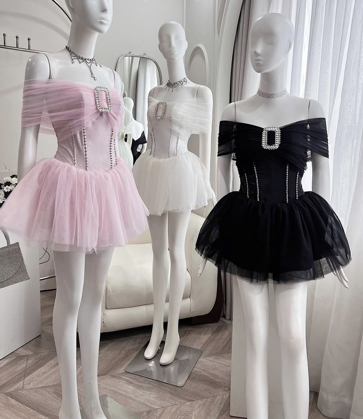 ชุดเดรส ปาดไหล่ สีชมพู สีขาว Brand เวียดนามแท้ 2179 Size S BKK - Image 2