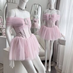 ชุดเดรส ปาดไหล่ สีชมพู สีขาว Brand เวียดนามแท้ 2179 Size S BKK