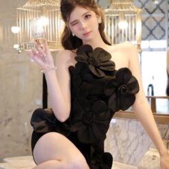 ชุดเดรส แต่งดอก สีดำ BRAND TRANALI 2168 Size S-M BKK