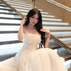 ชุดเดรส ปาดไหล่ แต่งดอก สีขาว Brand HiSo 2162 Size S BKK