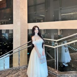 ชุดเดรส ปาดไหล่ แต่งดอก สีขาว Brand HiSo 2162 Size S BKK