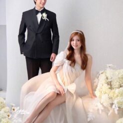 ชุดเดรส-ราตรี แต่งงาน แต่งโบว์ สีขาว Brand HiSo 3047 Size S-M BKK