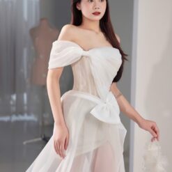 ชุดเดรส-ราตรี แต่งงาน แต่งโบว์ สีขาว Brand HiSo 3047 Size S-M BKK