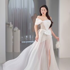 ชุดเดรส-ราตรี แต่งงาน แต่งโบว์ สีขาว Brand HiSo 3047 Size S-M BKK