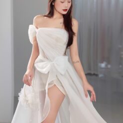 ชุดเดรส-ราตรี แต่งงาน แต่งโบว์ สีขาว Brand HiSo 3047 Size S-M BKK