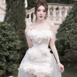 ชุดเดรส เกาะอก แต่งดอก สีขาว Brand HiSo 2181 Size S BKK