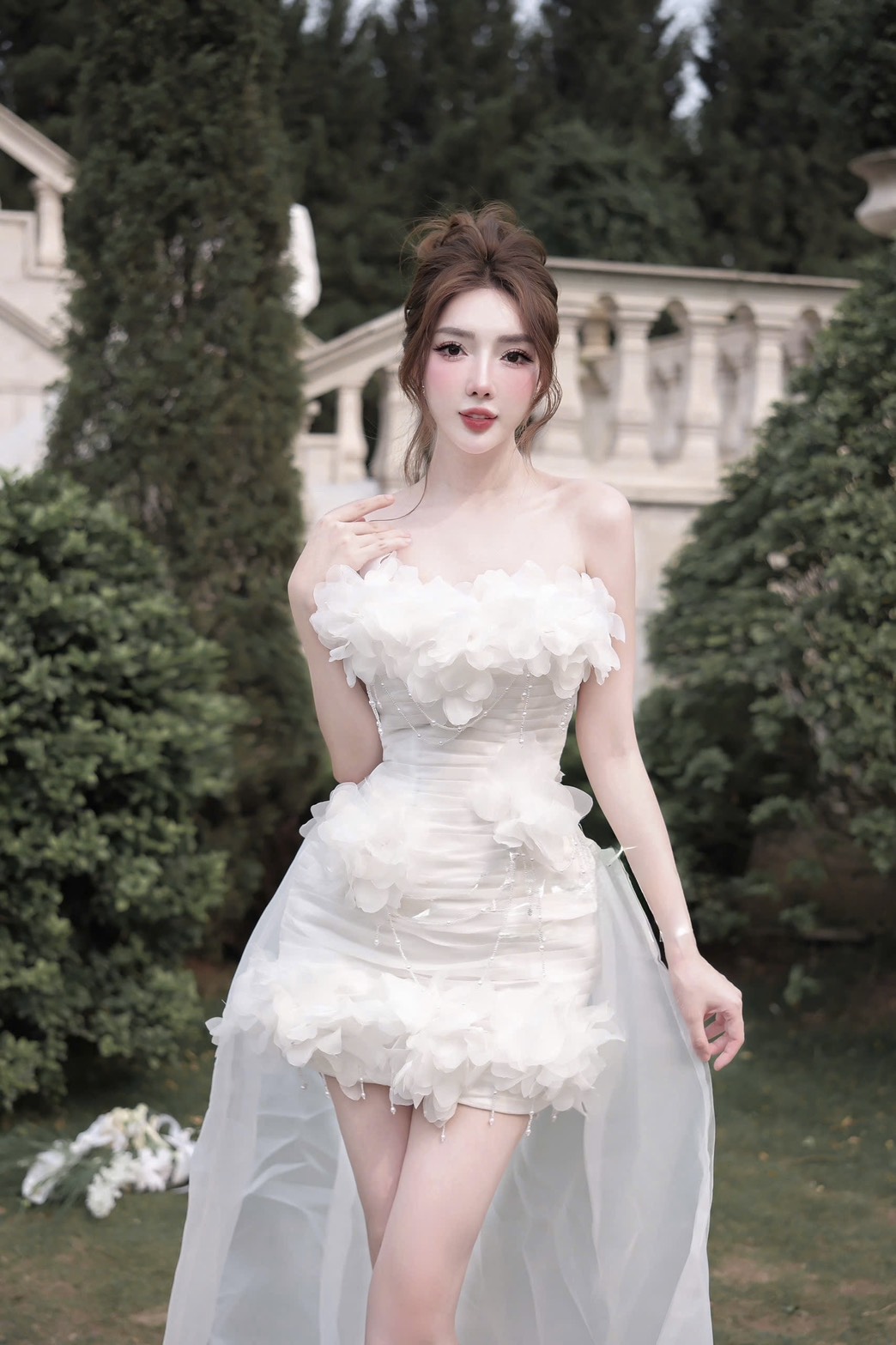 ชุดเดรส เกาะอก แต่งดอก สีขาว Brand HiSo 2181 Size S BKK - Image 3