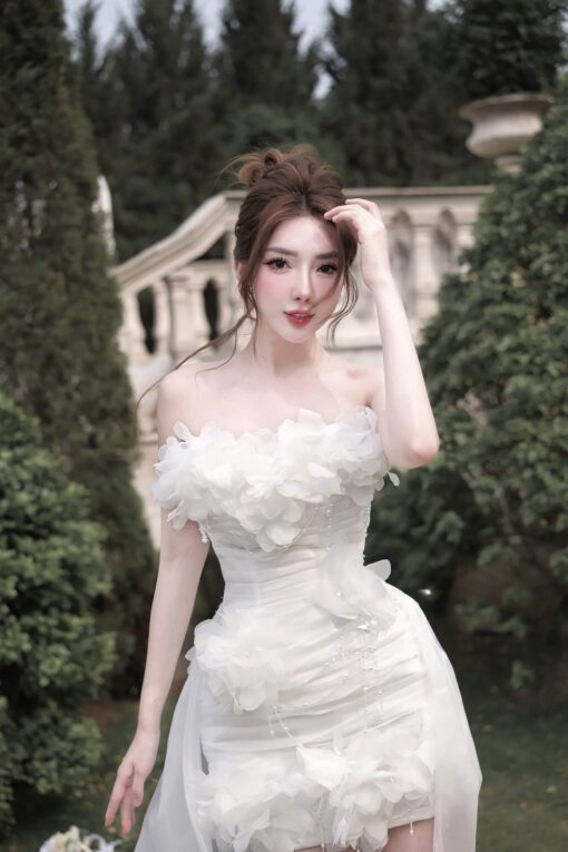 ชุดเดรส เกาะอก แต่งดอก สีขาว Brand HiSo 2181 Size S BKK - Image 2