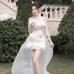 ชุดเดรส เกาะอก แต่งดอก สีขาว Brand HiSo 2181 Size S BKK