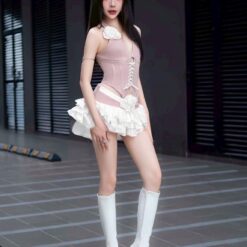ชุดเซ็ท เสื้อ+กระโปรง แต่งดอก สีชมพู 4019 Size S-M BKK