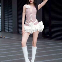ชุดเซ็ท เสื้อ+กระโปรง แต่งดอก สีชมพู 4019 Size S-M BKK