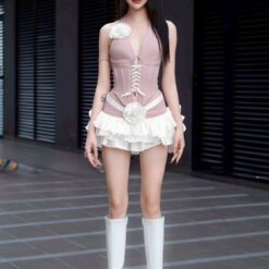 ชุดเซ็ท เสื้อ+กระโปรง แต่งดอก สีชมพู 4019 Size S-M BKK