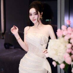ชุดราตรียาว เกาะอก แต่งมุก สีขาว Brand HiSo 3071 Size S-M BKK