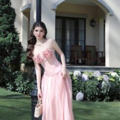 ชุดเซ็ท เกาะอก แต่งดอก BRAND TRANALI สีชมพู 4018 Size BKK