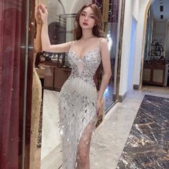 ชุดเดรส-ราตรี แต่งเพชร สีขาว Brand HiSo 3040 Size S-M BKK
