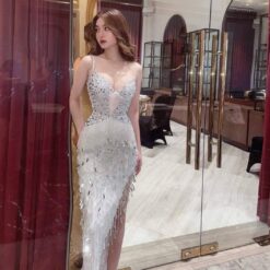 ชุดเดรส-ราตรี แต่งเพชร สีขาว Brand HiSo 3040 Size S-M BKK