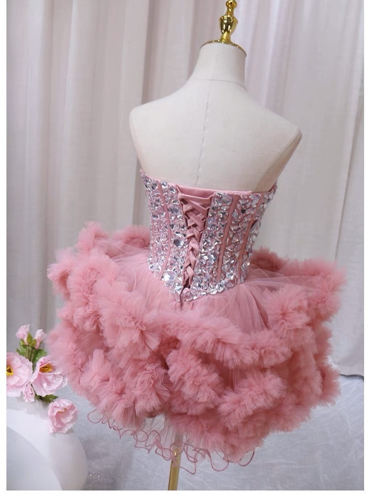 ชุดเดรส ฟูฟอง แต่งเพชร สีชมพู แบรนด์แท้ นำเข้า 2174 Size S-M BKK - Image 12