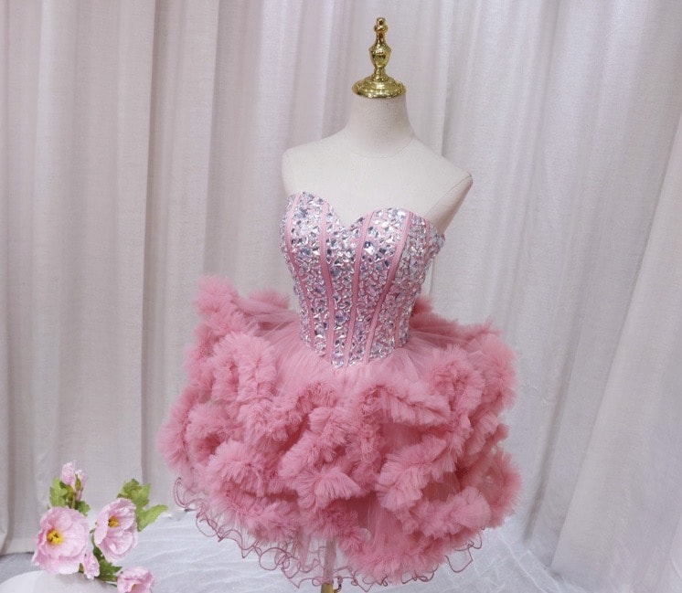 ชุดเดรส ฟูฟอง แต่งเพชร สีชมพู แบรนด์แท้ นำเข้า 2174 Size S-M BKK - Image 13
