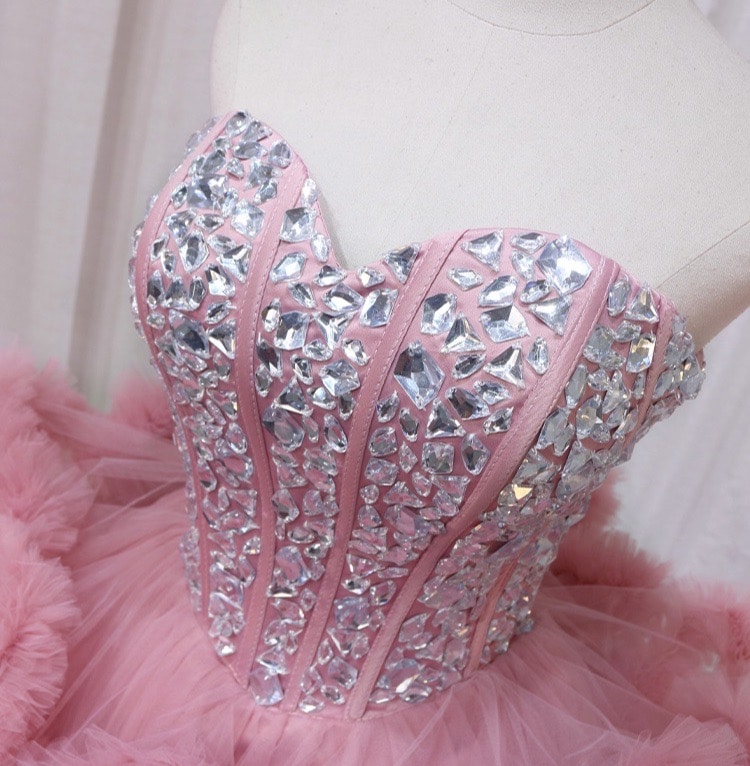 ชุดเดรส ฟูฟอง แต่งเพชร สีชมพู แบรนด์แท้ นำเข้า 2174 Size S-M BKK - Image 15