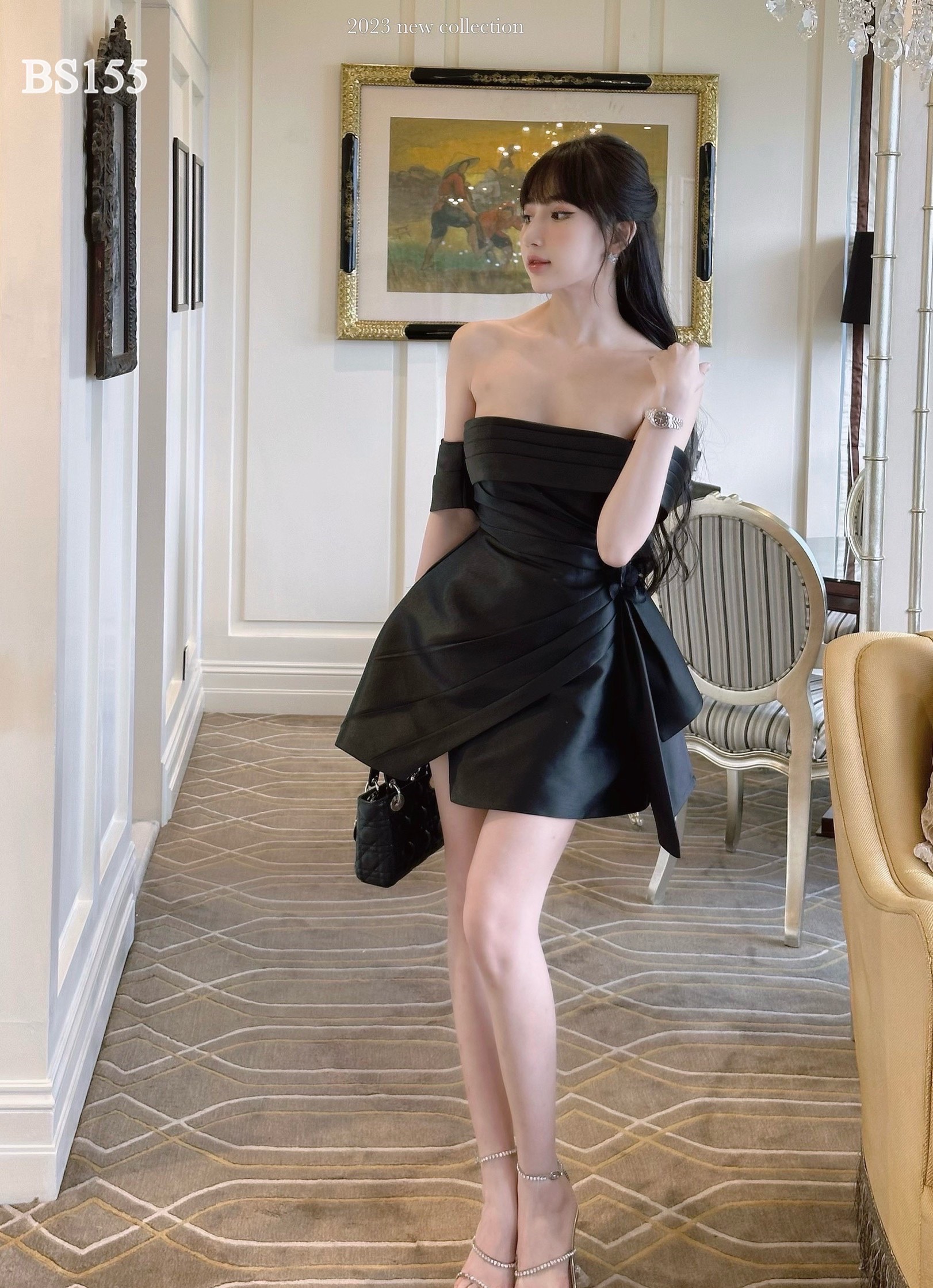 ชุดเดรส ปาดไหล่ แต่งดอก สีขาว สีดำ BASIC&LUXURY 2186 Size S BKK - Image 3
