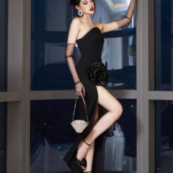 ชุดเดรสยาว แต่งดอก สีดำ BRAND MAEL 3054 Size S BKK