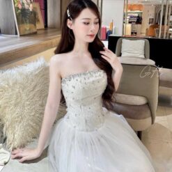 ชุดราตรี เกาะอก แต่งเพชร สีขาว 3048 Size M BKK