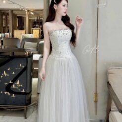 ชุดราตรี เกาะอก แต่งเพชร สีขาว 3048 Size M BKK