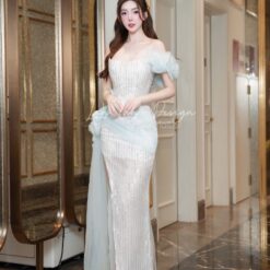 ชุดราตรี ปาดไหล่ แต่งดอก สีฟ้า-ขาว Brand HiSo 3041 Size S-M BKK