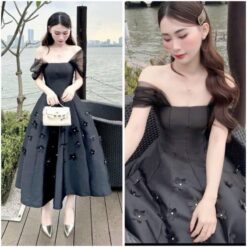 ชุดเดรส ปาดไหล่ แต่งดอก สีดำ Brand เวียดนามแท้ 3062 Size L BKK