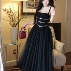 ชุดราตรี สายเดี่ยว แต่งเพชร สีดำ BRAND WABISABI 3160 Size S-M BKK