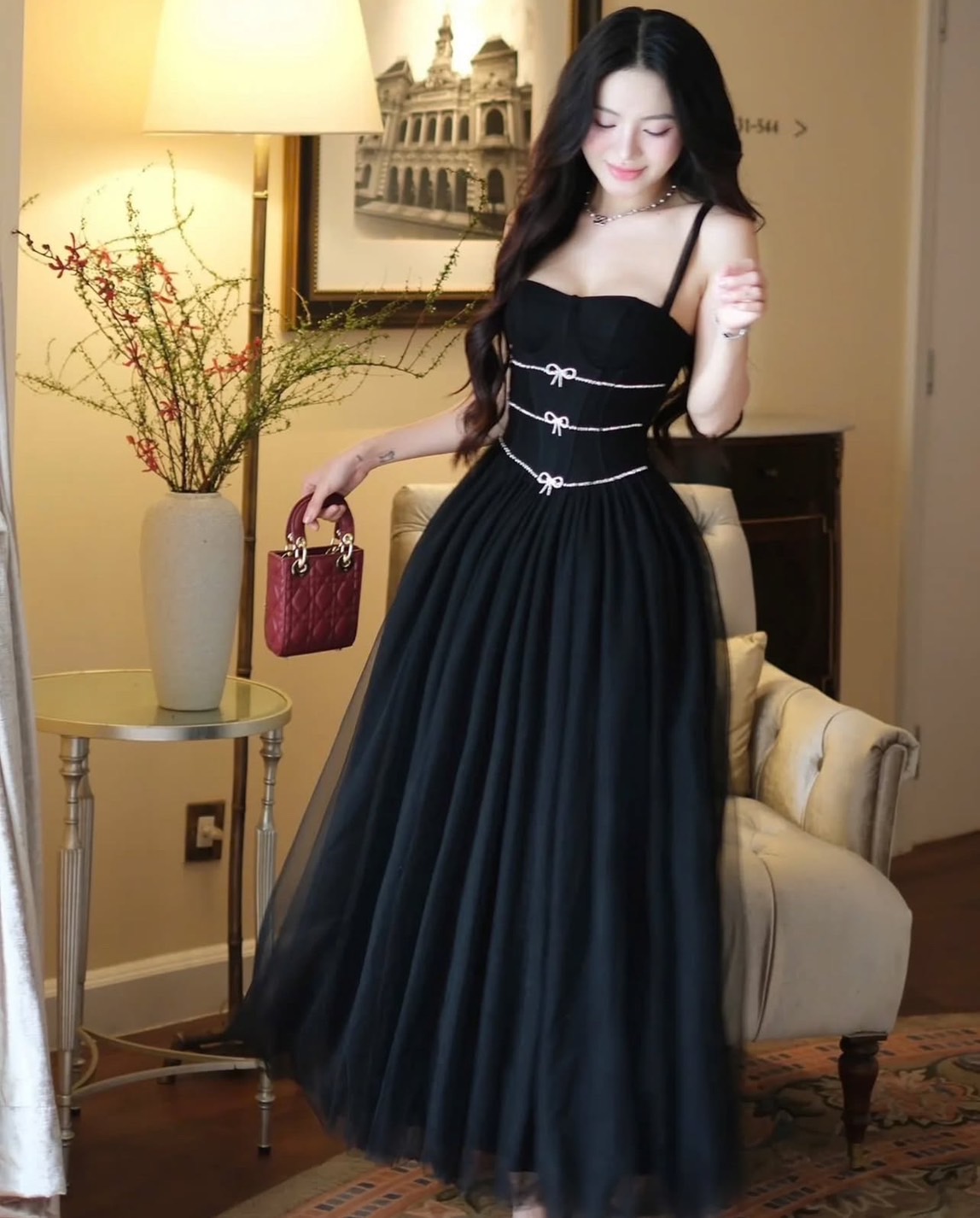 ชุดราตรี สายเดี่ยว แต่งเพชร สีดำ BRAND WABISABI 3160 Size S-M BKK