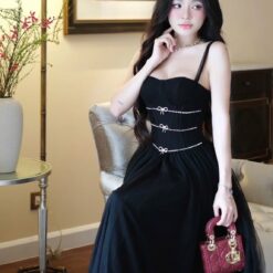 ชุดราตรี สายเดี่ยว แต่งเพชร สีดำ BRAND WABISABI 3160 Size S-M BKK