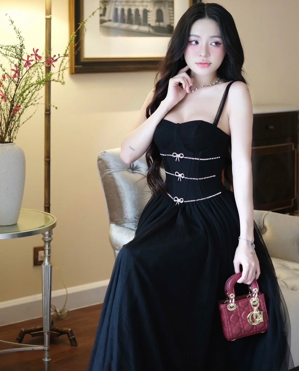 ชุดราตรี สายเดี่ยว แต่งเพชร สีดำ BRAND WABISABI 3160 Size S-M BKK - Image 4