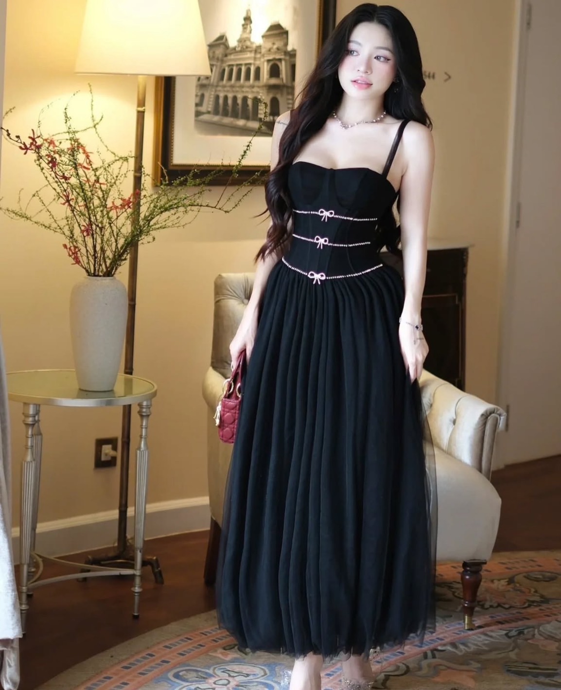 ชุดราตรี สายเดี่ยว แต่งเพชร สีดำ BRAND WABISABI 3160 Size S-M BKK - Image 3
