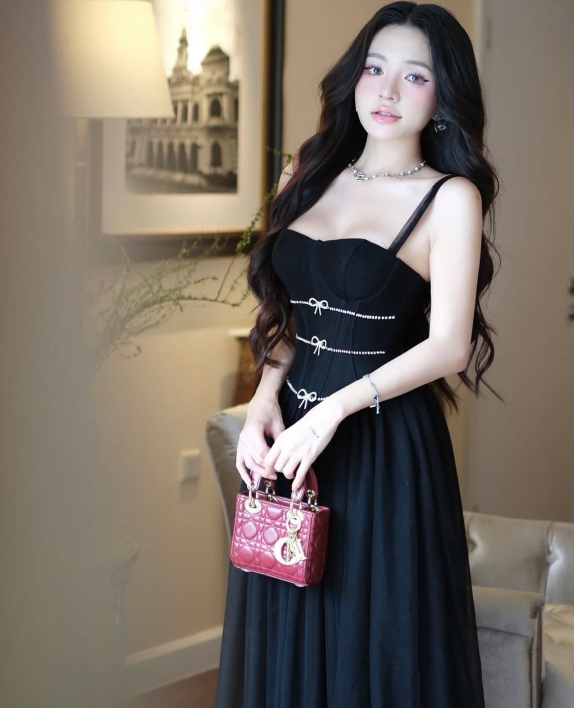 ชุดราตรี สายเดี่ยว แต่งเพชร สีดำ BRAND WABISABI 3160 Size S-M BKK - Image 2