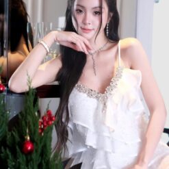 ชุดเดรส สายเดี่ยว แต่งเพชร สีขาว Brand Wabisabi 2157 Size S,M BKK