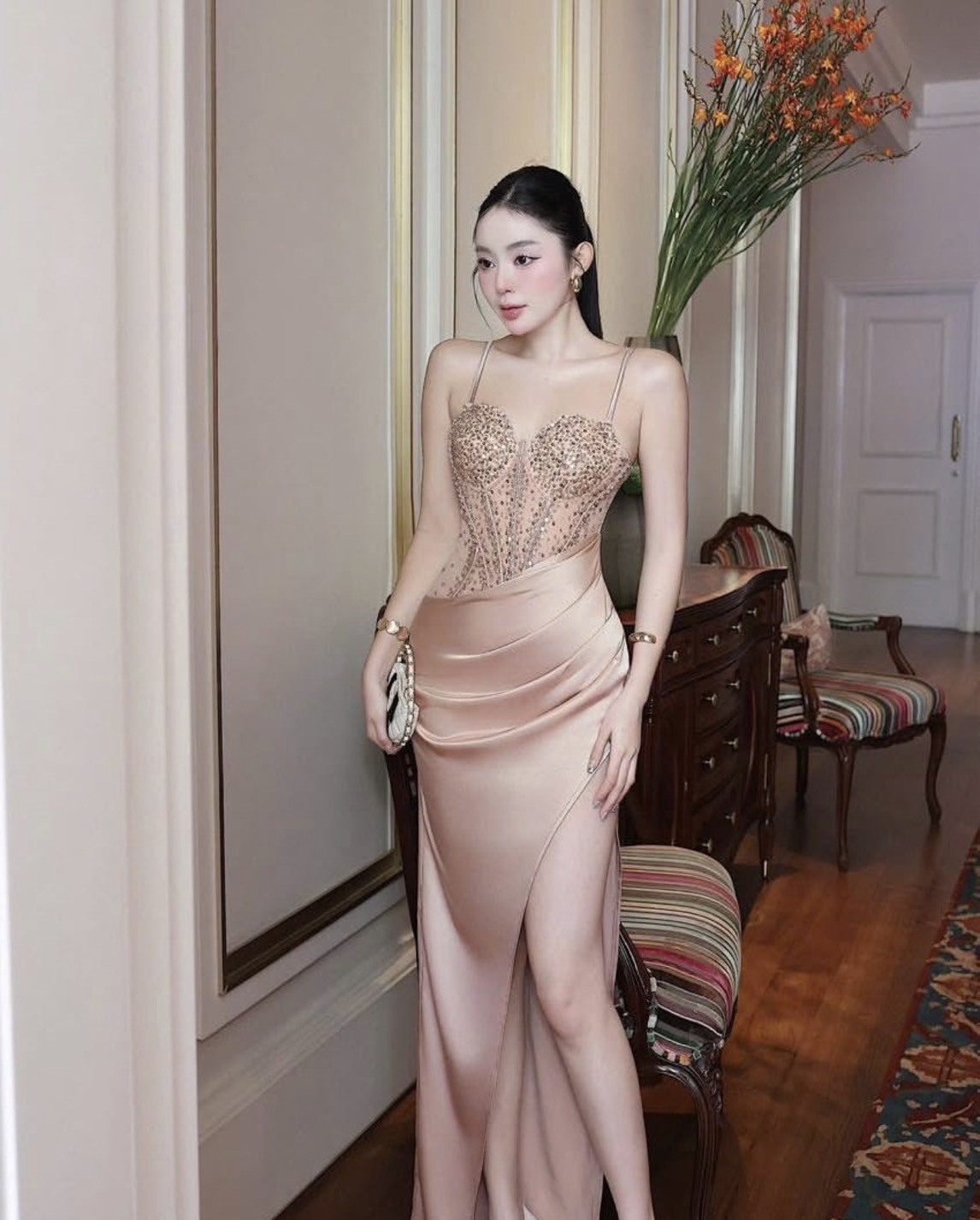 ชุดเดรส สายเดี่ยว ราตรี สีครีม - โอรส ZEN LULU 2188 Size S-M BKK - Image 5