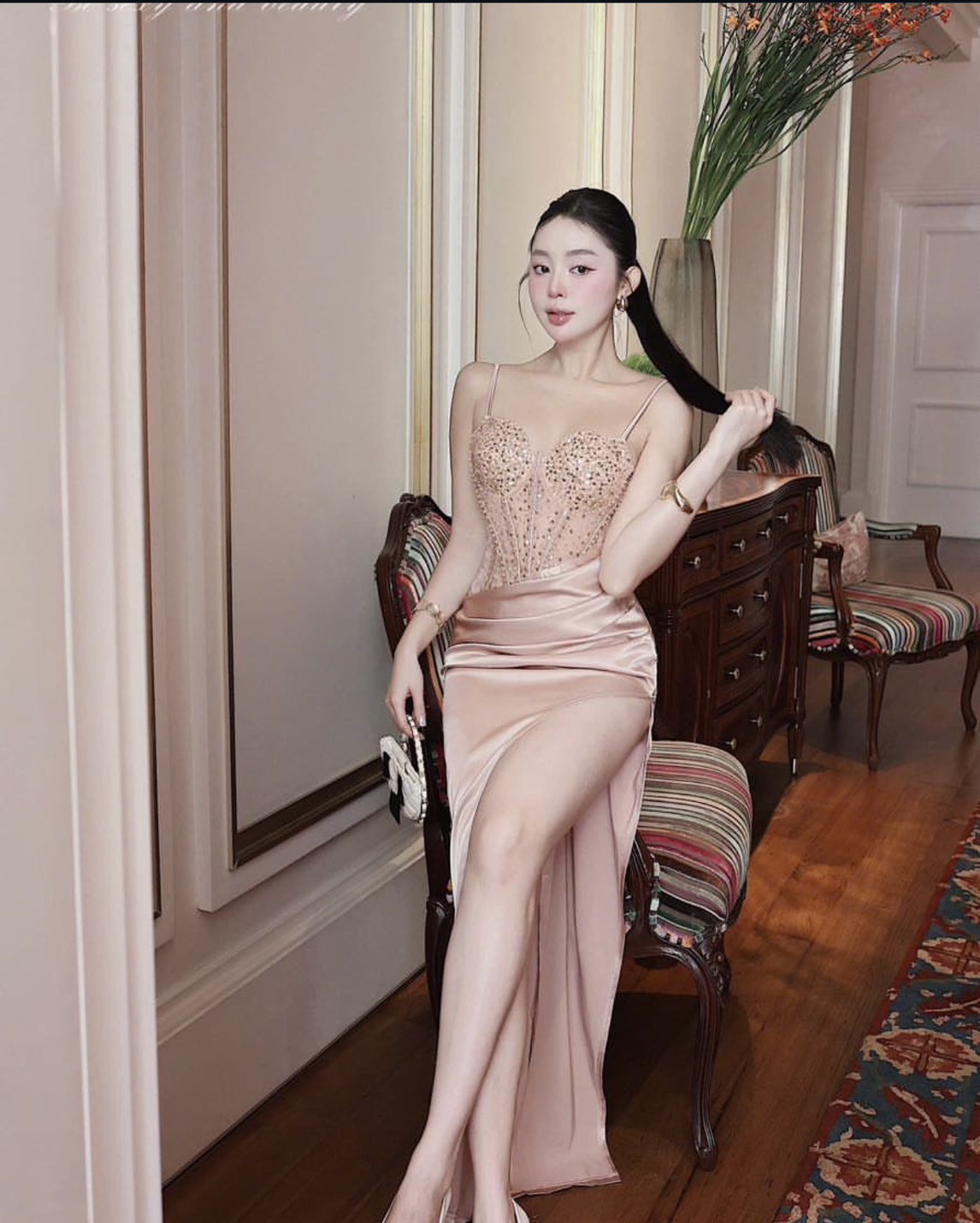 ชุดเดรส สายเดี่ยว ราตรี สีครีม - โอรส ZEN LULU 2188 Size S-M BKK - Image 3