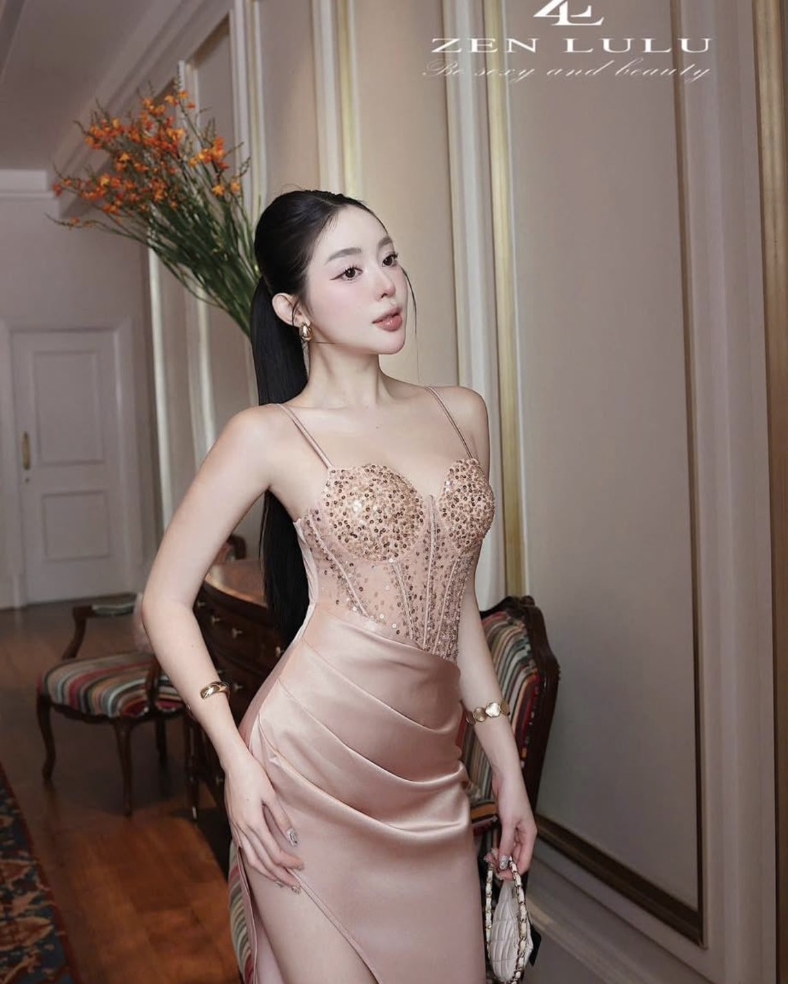 ชุดเดรส สายเดี่ยว ราตรี สีครีม - โอรส ZEN LULU 2188 Size S-M BKK - Image 2