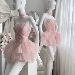 ชุดเดรส เกาะอก กระโปรงฟู ดอกที่คอ สีดำ สีชมพู ZEN LULU 2177 SIZE S-M BKK