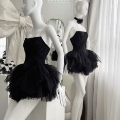 ชุดเดรส เกาะอก กระโปรงฟู ดอกที่คอ สีดำ สีชมพู ZEN LULU 2177 SIZE S-M BKK