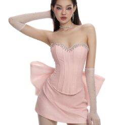 ชุดเซ็ท 3 ชิ้น เกาะอก กลิตเตอร์ แต่งเพรช โบว์ใหญ่ สีชมพู LANE CI 4030 Size S-M BKK