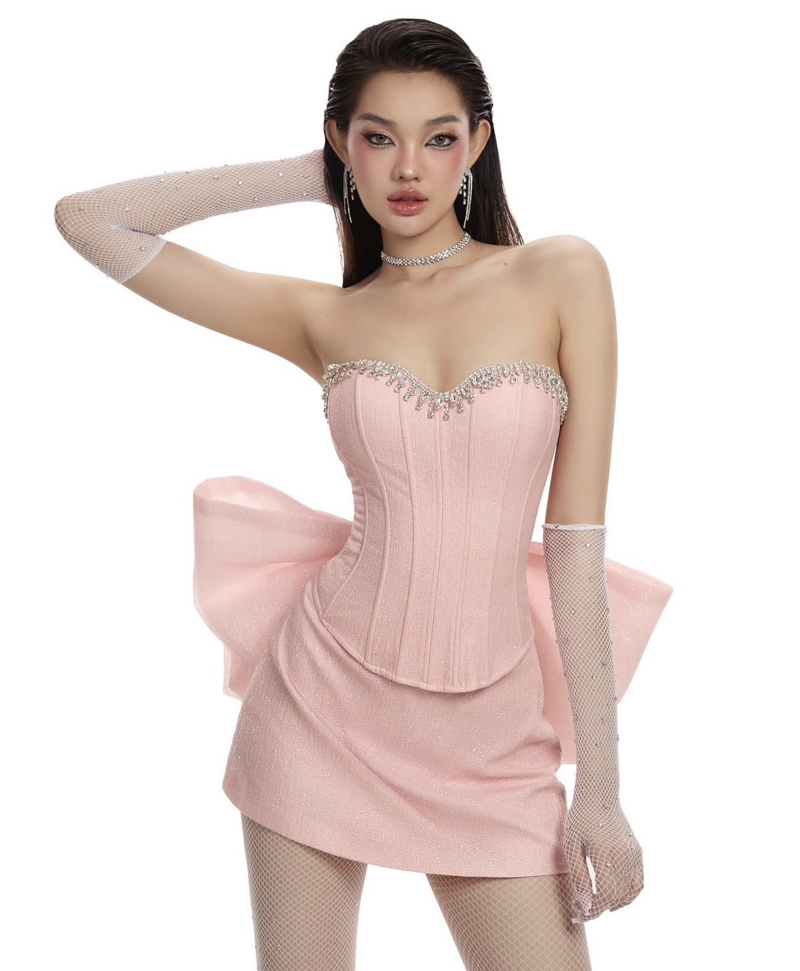 ชุดเซ็ท 3 ชิ้น เกาะอก กลิตเตอร์ แต่งเพรช โบว์ใหญ่ สีชมพู LANE CI 4030 Size S-M BKK