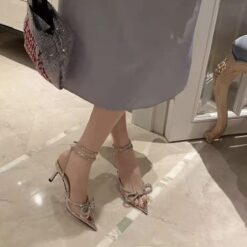 รองเท้า พรีเมียม แต่งโบว์เพชร สีเงิน สีดำ 9017 Size 36 BKK