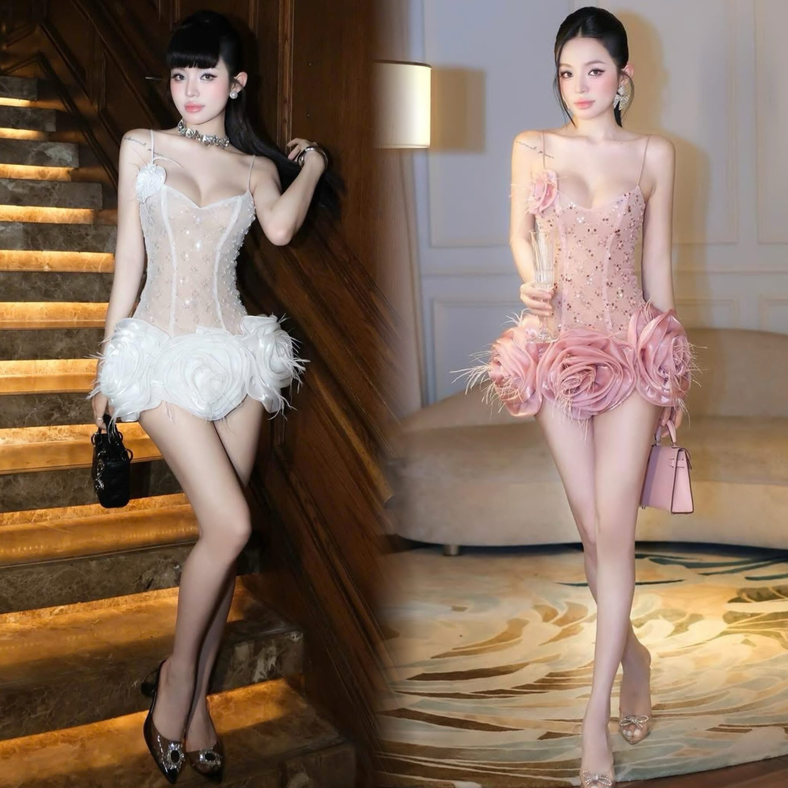 ชุดเดรส สายเดี่ยว แต่งดอก สีชมพู BRAND THAOBIBI 2219 Size M BKK
