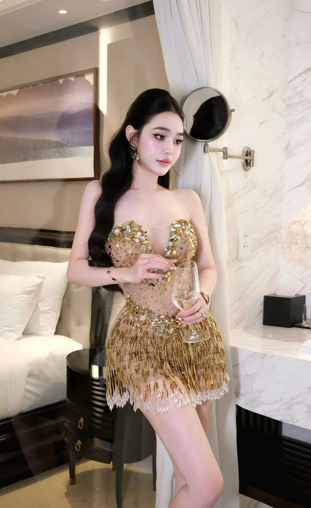 ชุดเดรส กลิตเตอร์ สีน้ำตาล-ทอง Brand HiSo 2213 Size S-M BKK - Image 3