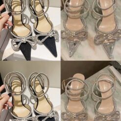 รองเท้า พรีเมียม แต่งโบว์เพชร สีเงิน สีดำ 9017 Size 36 BKK