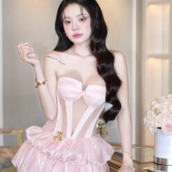 ชุดเดรส เกาะอก แต่งเพชร สีดำ สีชมพู BRAND THAOBIBI 2214 Size M BKK