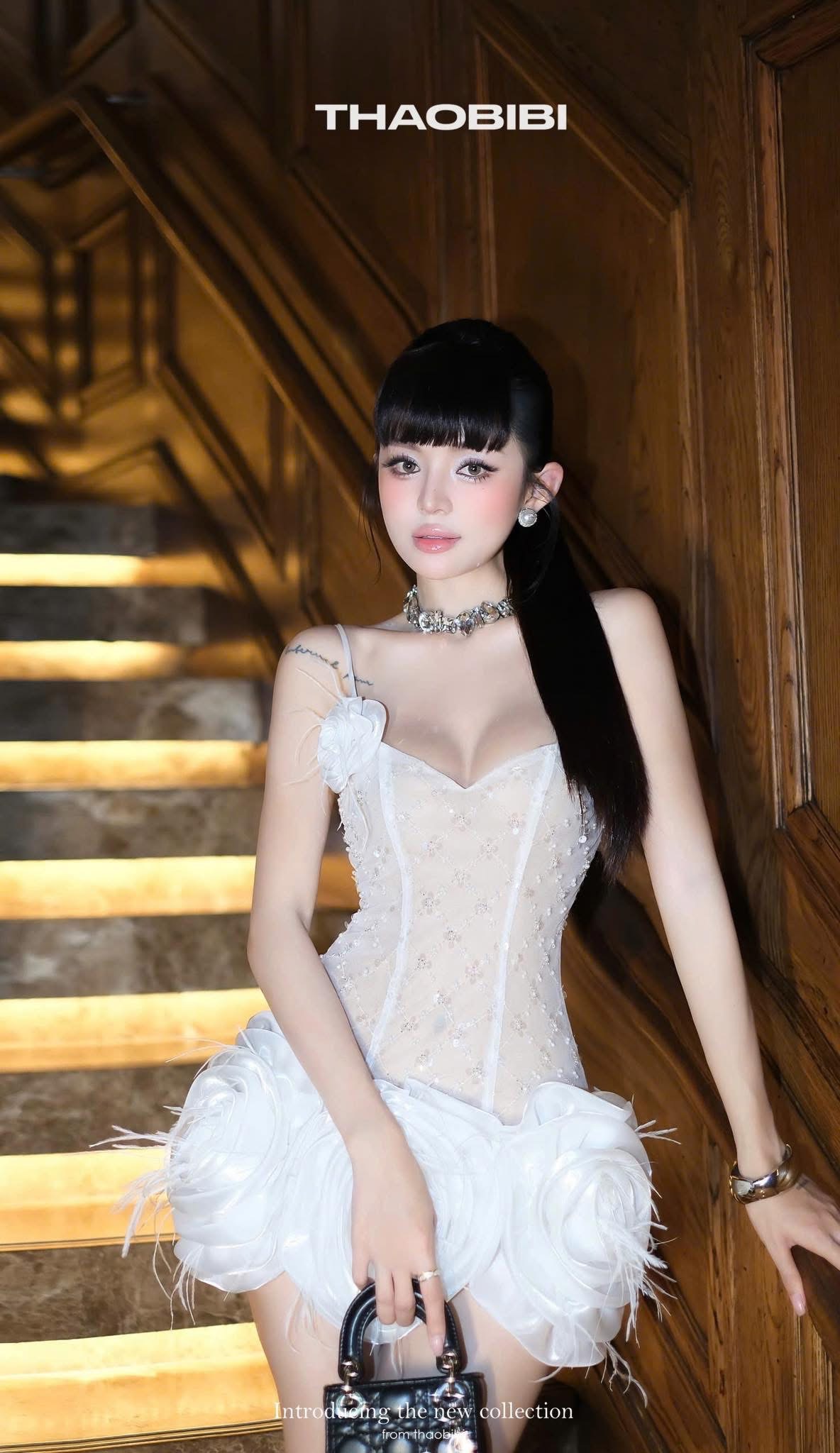 ชุดเดรส สายเดี่ยว แต่งดอก สีชมพู BRAND THAOBIBI 2219 Size M BKK - Image 4